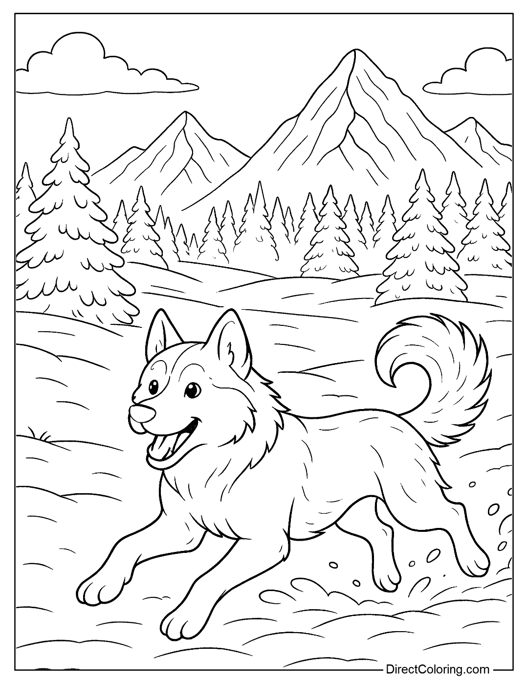 Husky In Winter Snow Coloring Sheet